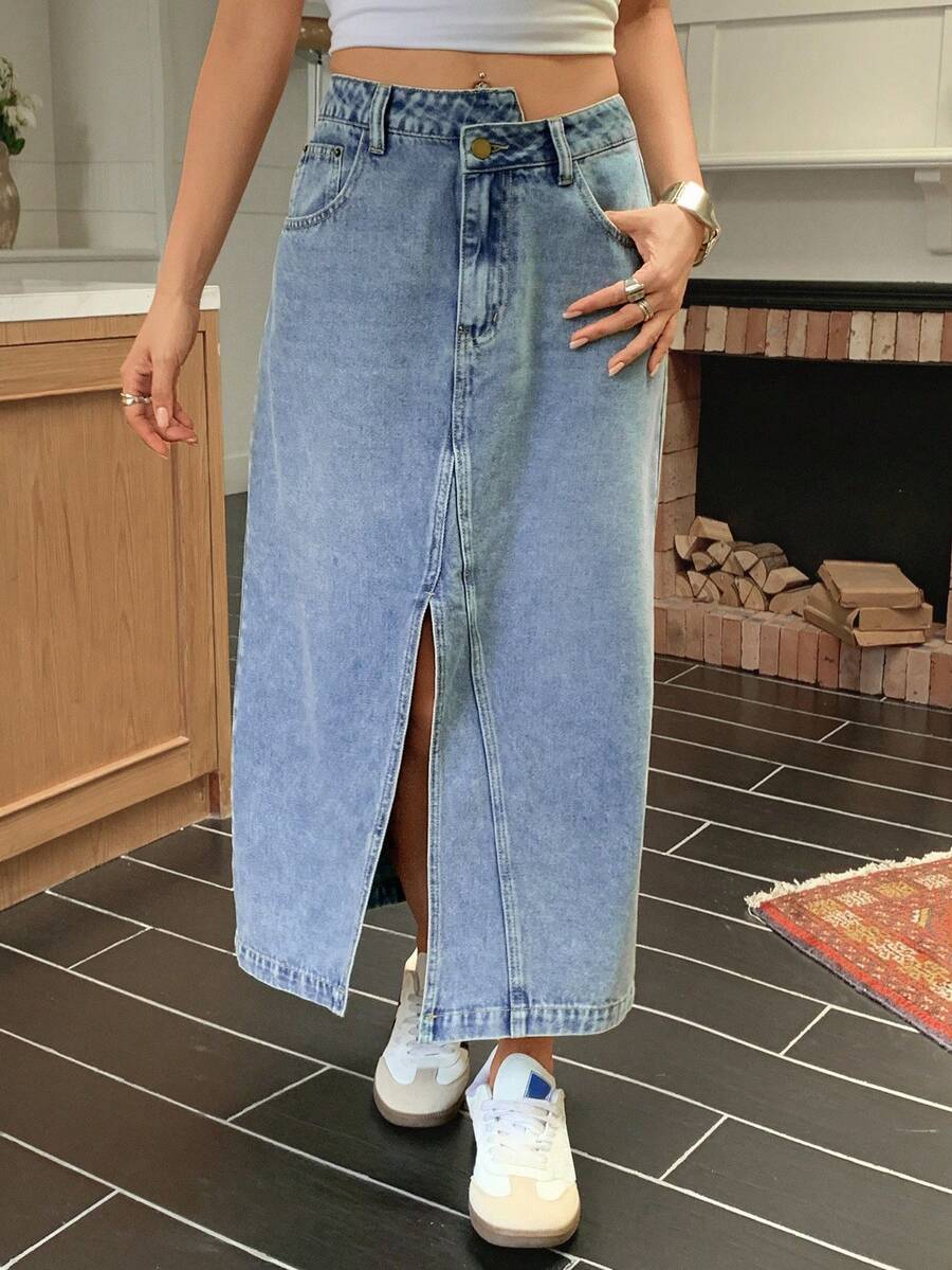 DAZY 西部牛仔风做旧不对称下摆开衩口袋休闲街头牛仔迷你裙，女士秋冬款 - 藍色 - 查看 1