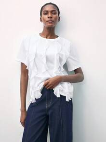 Maija Women's Solid Color Ruffle Collar Casual Versatile Short Sleeve T-Shirt Going Out Tops For Women Casual Blouses For Ladies White Top - White - View 3