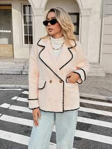 SHEIN Frenchy Áo khoác nữ kiểu Pháp thường ngày, phối màu tương phản, viền lông cừu, túi cài nút, ve áo có chi tiết viền tương phản, phù hợp cho mặc hàng ngày và đi làm, cổ áo xếp chéo, màu kem, áo khoác thường ngày cho mùa thu đông, nữ mùa thu, nữ đi chơi kiểu Pháp, B2, viền đen, cổ điển, đi học, mùa thu, mùa đông, nữ mùa đông, nữ quý phái, nữ công sở thường ngày, bốn mùa, ngày Quốc khánh, năm mới. - Màu be - Xem 7