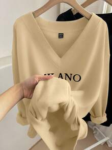 EMERY ROSE 2pcs Plus Size Women's Casual V-Neck Milano English Print Fleece Sweatshirt, Versatile For Autumn/Winter,Fall Clothes For Women