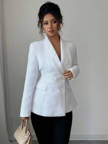 Elenzga Áo khoác ngoài cổ chữ V sâu hai hàng khuy cao cấp phong cách Pháp thanh lịch dành cho nữ, Xuân/Thu - trắng - Xem 6