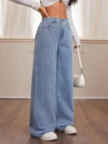 SHEIN PETITE Women's Fall Autumn Winter Halloween Christmas National Day Graduation Y2k Cute Streetwear Birthday Outfit Night Out Going Out Club Outfit Airport Outfit Business Casual Woman Country Vintage Modest Old Money Business Casual Woman Work Clothes Asymmetric Waist Pocket Wide Leg Loose Casual Blue Jeans