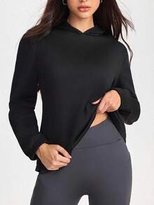 SHEIN Sports 女士黑色卫衣，宽松版型，植绒条纹网眼面料，适合日常休闲穿着、跑步、瑜伽、健身、网球等运动，春夏运动休闲两相宜。长袖运动上衣，长袖运动服，健身卫衣，女士运动上衣 - 黑色 - 查看 1