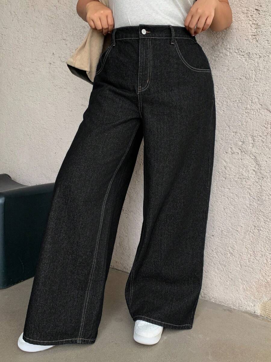 Dazy Plus 深色水洗宽松直筒长款牛仔裤，四季皆宜 - 黑色 - 查看 1