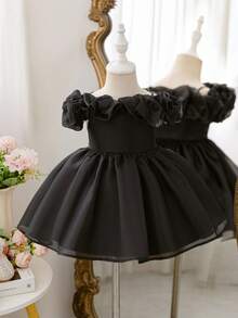 女婴优雅黑色单肩欧根纱连衣裙，正式服装 - 黑色 - 查看 8