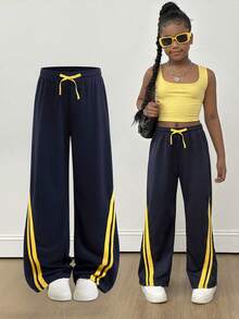 SHEIN Sparklyn Tween Girls' Casual Contrast Striped Drawstring Sweatpants Fall Winter - Navy Blue - View 3