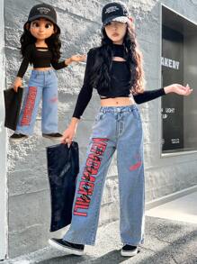 Tween Girls' Wide Leg Jeans, Street-Style Cool & Fashionable Casual College Look, Light Blue Washed Denim With Red + Black English Graphic Print For Edgy Vibe, Relaxed Fit Hides Flaws, Elastic Waistband For Comfort, Suitable For Daily Outings, Dates, Leisure Activities, Back To School Season, Vacations, A Versatile Fashion Piece For Year-Round Wear - Light Wash - View 1