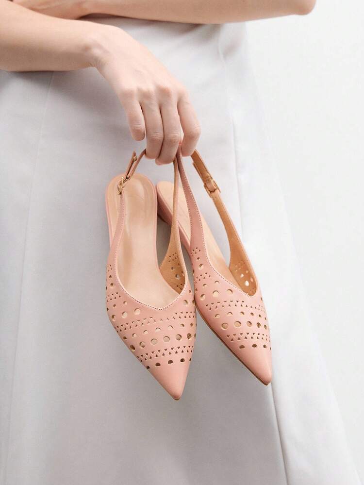 CUCCOO BIZCHIC 淡いピンク ホロー ポインテッドトゥ スリッポンフラット、通勤やカジュアルウェアに優雅、通気性があり楽に履ける