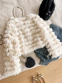 Tween Girl Solid Color Fluffy Short Fashionable Winter Jacket Fall