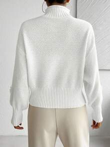 Almamuse Women's Elegant Solid Color 3D Floral Decor Turtleneck Lantern Sleeve Pullover Sweater, Autumn/Winter Fall Cloth For Women - White - View 2