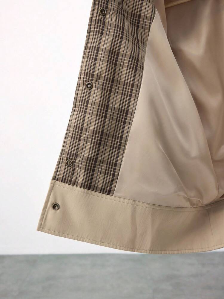 SHEIN Maija Khaki Leather Collar & Plaid Splice Sleeve Splice Fashionable Women Jacket, Casual & Versatile Brown Graphic Casual In Casual Blouses For Women