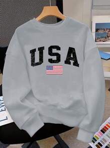 SHEIN Leap Crew Tween Girls Casual Loose Fit Letter Print White Long Sleeve Crew Neck Thick Sweatshirt, Suitable For Autumn/Winter Fall - Grey - View 3