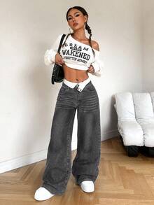 SHEIN PETITE Damen lockere Jeans mit weitem Bein, tiefer Bund, grauer Denim, baggy Vintage Mom Jeans für Sommer Streetwear Schule Schulanfang, Cowgirl Winterhose, für zierliche Frauen - Dunkelgrau - Übersicht 6