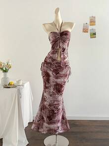 Soleia Spring/Summer Vacation Elegant New Strapless Sleeveless Printed Mesh Top & Pleated Skirt 2 Pieces Set - Multicolor - View 3