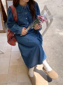 DAZY 宽松休闲彼得潘领牛仔A字长裙，适合秋季少女