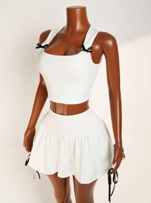 Zolique مجموعة قميص بدون أكمام بزخرفة القوس للنساء وتنورة قصيرة للغاية للصيف، 2 قطعة - أبيض - مشاهدة 4