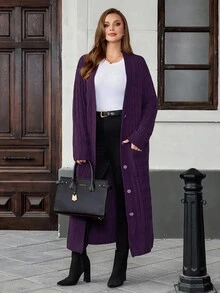 EMERY ROSE Plus Size Women's Autumn Cable Pattern Long Sleeve Single-Breasted Dual Pocket Long Knitted Cardigan, Casual Minimalist Style For Everyday Wear,Going Out, Suitable For Autumn And Winter Fall - Purple - View 4
