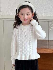 DAZY Girls' Crew Neck Sweater With Bow Decor, Fall - Beige - View 1