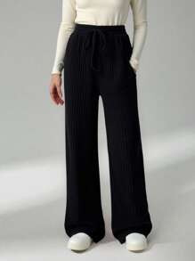 SHEIN Tall Pantalones anchos de pierna ancha con cinturón de unicolor, pantalones cargo casuales y sueltos para mujer - Negro - Ver 1