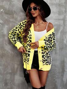 EMERY ROSE Women's Casual Everyday Leopard Print V-Neck Cardigan - Yellow - View 5