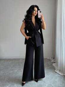 Elenzga 喇叭袖设计翻领背心套装搭配阔腿裤 - 黑色 - 查看 1