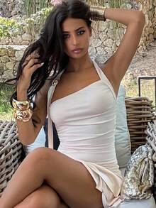 Ronhire New Hanging Necklace Spiral Gold Jewelry Design Waisted Slimming Tiered Mini Dress For Women - Apricot - View 4