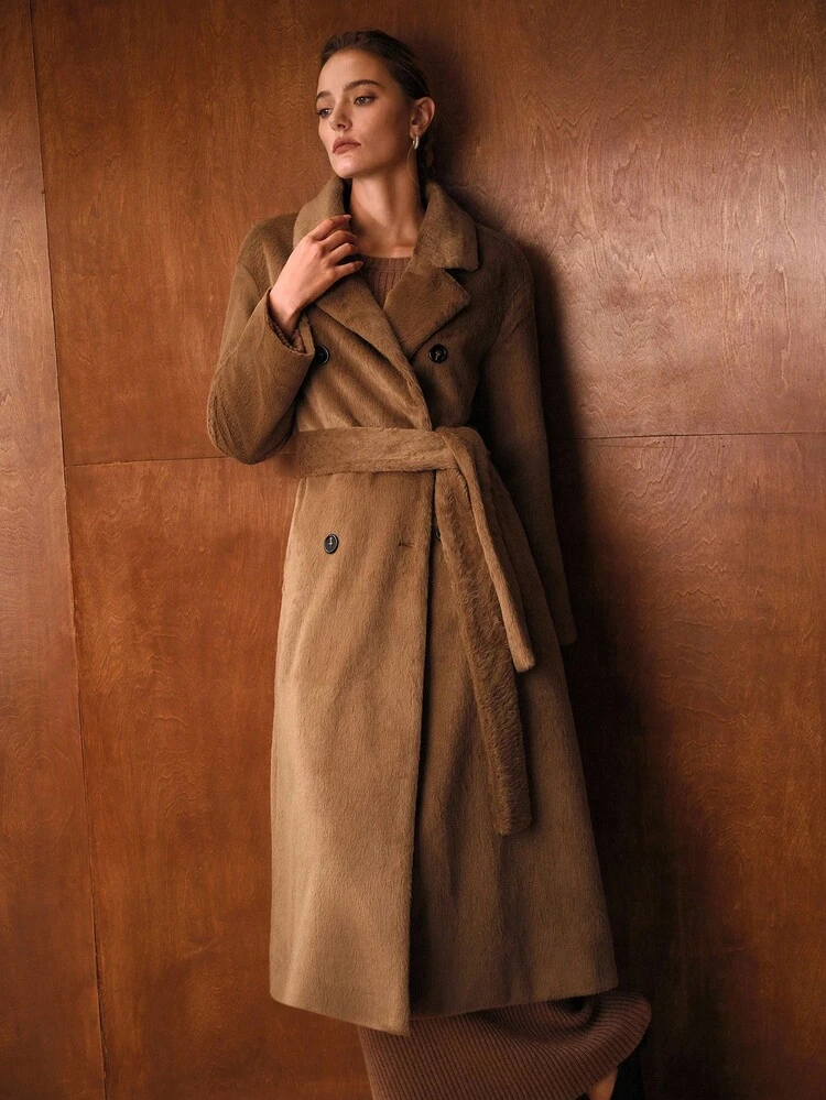 더블 브레스티드 벨트 인조 모피 코트