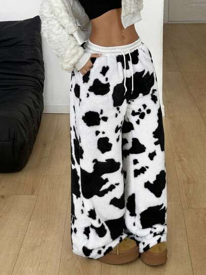 Coolane Pantalon droit noir et blanc à imprimé vache pour femmes, style streetwear vintage pour la rentrée scolaire et les sorties