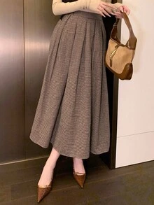 DAZY 女士休闲千鸟格印花A字裙，秋冬女装半身裙 - 卡其色 - 查看 8