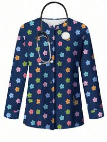 PopScrub Women All-Over Print Long Sleeve Uniform Jacket, Scrub Outerwear, Spring/Autumn - Multicolor - View 1