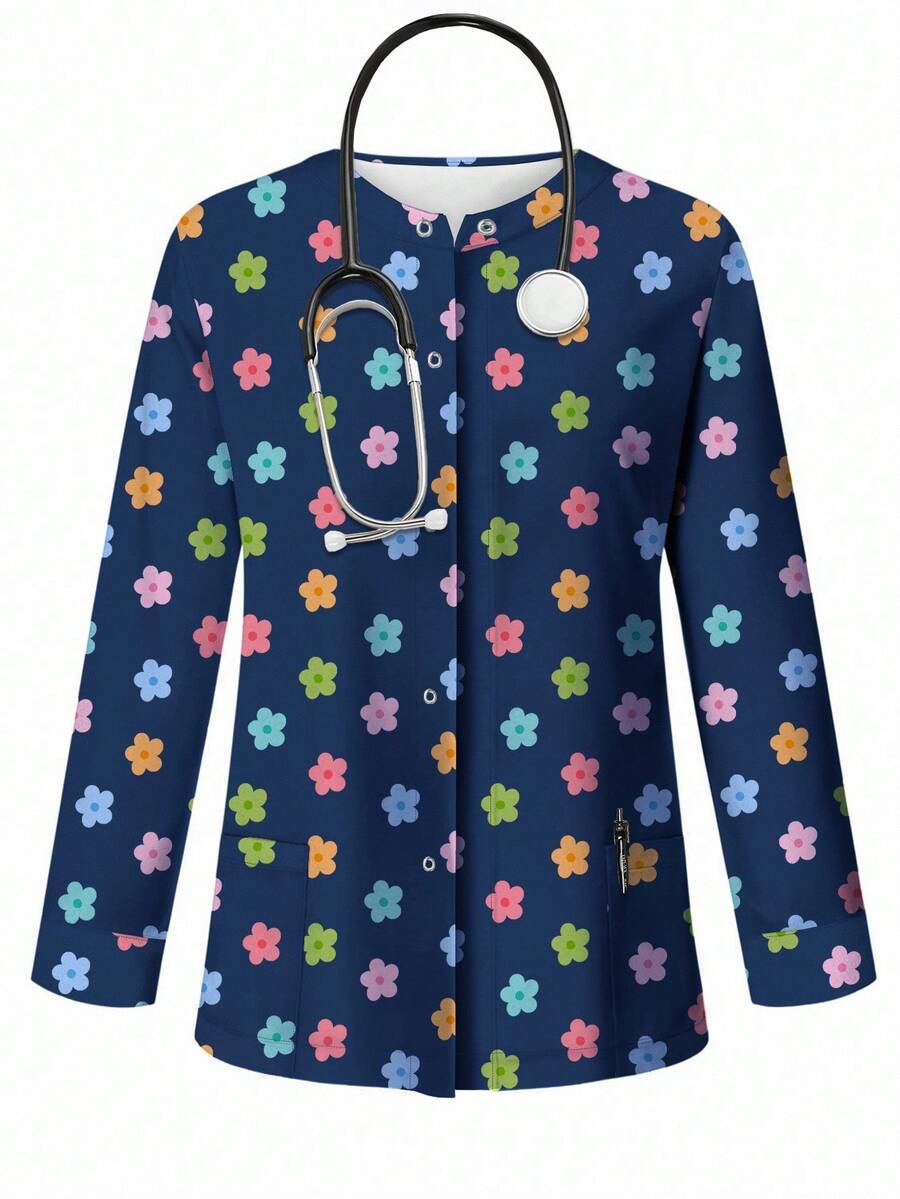 PopScrub Women All-Over Print Long Sleeve Uniform Jacket, Scrub Outerwear, Spring/Autumn - Multicolor - View 1