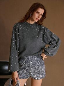 MOTF PREMIUM FAUX PEARL DETAIL STAND COLLAR DROP SHOULDER OVERSIZE SWEATER - Grey - View 5