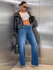 EURMUSE 100% Coton TAILLE BASSE COUPE DROITE JEAN FEMME STYLE Y2K GRIS FONCÉ - Jean bleu - Voir 5