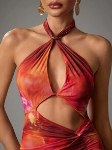 Hauture 女式夏季性感度假夜外出花卉和动物皮印花镂空长裙 - 彩色 - 查看 2