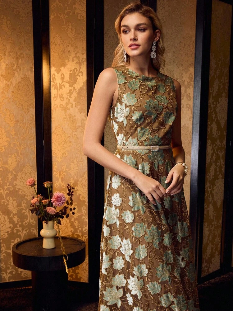 WOMEN'S ELEGANT HOLLOW-OUT EMBROIDERED SLEEVELESS WAIST MIDI DRESS