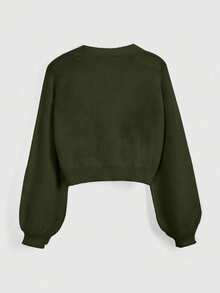 ROMWE Hippie 女士休闲花卉刺绣落肩宽松 V 领单排扣短款开衫 - 軍綠色 - 查看 3