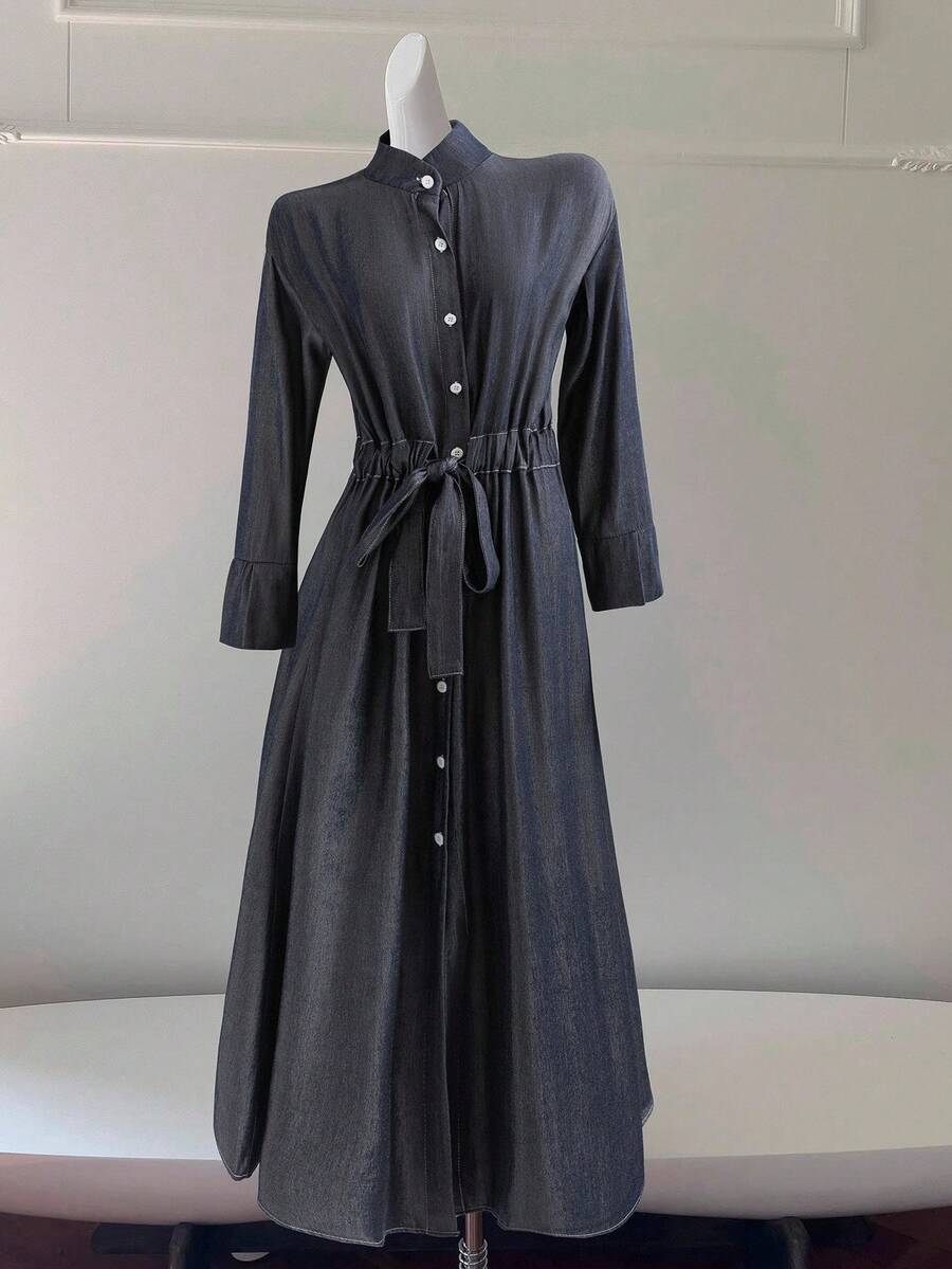 Franclia Elegant & Chic Denim Effect Commuter Versatile Dress - Blue - View 1