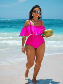 Swim Vcay Plus Size Solid Color Fringe One-Piece Swimsuit, Fashionable For Summer - Hot Pink - View 4