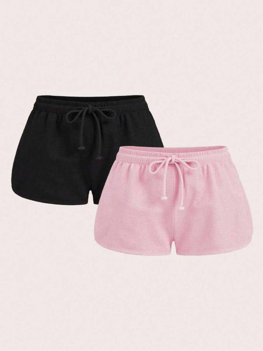 SHEIN EZwear 2件套女士抽绳腰合身短裤套装,黑色和粉色,夏季 - 彩色 - 查看 1