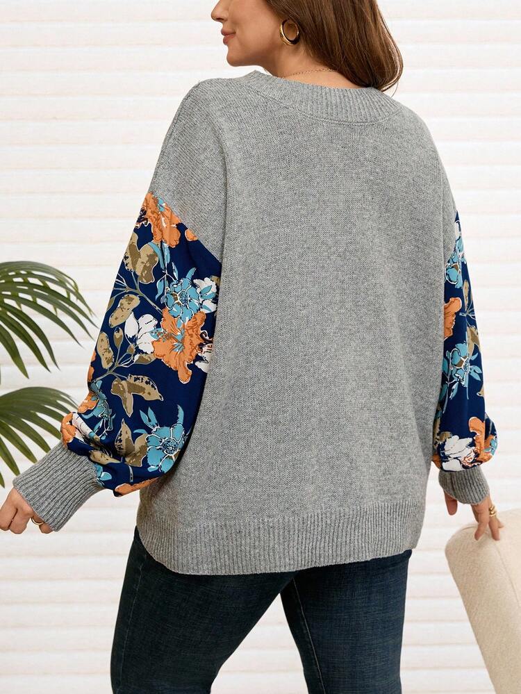 Plus Size Floral Print Patchwork Knit Sweater, Casual For Autumn/Winter Fall,Knitted Sweater In Fall/Winter, Curve Business Casual