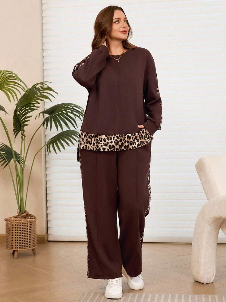 2 Pieces Casual Set Women Plus Size Women Winter  Fuzzy Inside Leopard Patchwork Thermal Lined Round Neck Hoodie Top And Pants Set With Pockets,Women Brown Leopard Print Set Autumn/Winter,Going Out Outfits,2025 New Clothes,Fall Clothes For Women, Women Brown Two Pieces Set, Brown Set Women, 2 Piece Lounge Sets Woman,Simple And Fashionable For Everyday Wear