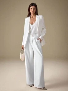 Selenza 女式金属纽扣腰口袋褶皱阔腿宽松休闲牛仔裤 - 白色 - 查看 6