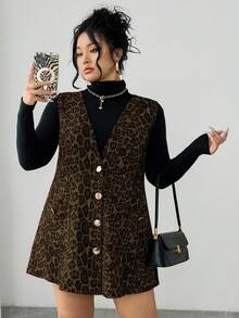 Elenzga 大码女式V领无袖豹纹连衣裙，秋冬 - 摩卡棕 - 查看 5