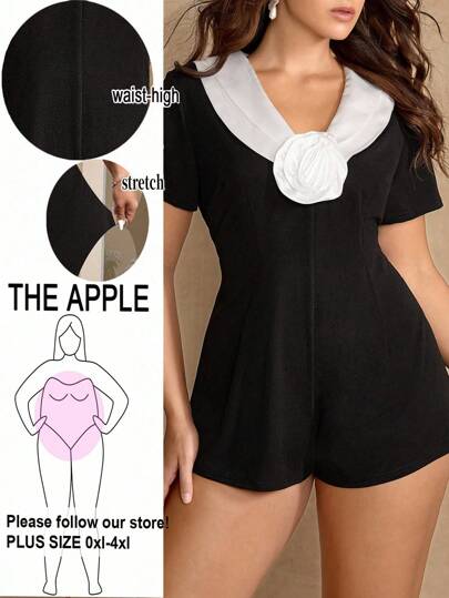 Flirla 大码女式撞色3D花卉装饰短袖优雅连体裤