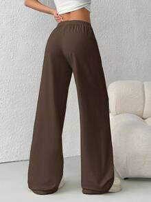 SHEIN PETITE CURVE 女士夏季简约前系带宽松运动裤，休闲日常穿着 - 巧克力棕 - 查看 2