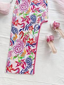 Soleia 女士度假彩色佩斯利印花不对称下摆挂脖蝴蝶结修身迷你连衣裙，不对称下摆开衩长裙，时尚派对、约会、音乐节、狂欢节、海滩 - 彩色 - 查看 6