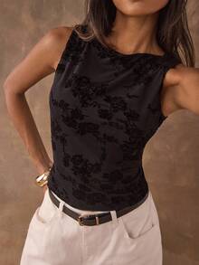 SHEIN BAE Top ajusté à col rond sans manches avec motif floral floqué pour femmes, idéal pour Halloween, la rentrée, le style décontracté chic, les sorties, les clubs, le style années 2000, le style bohème chic