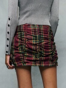 TypaGal This Ruched Plaid Mini Skirt Brings A Touch Of Alt Style To Fall Outfits For Women And Autumn Clothes. Perfect For Work Outfits, Halloween Costumes, Or Pairing With Fall Tops Women, It Easily Transitions Into Winter Clothes For Women And Holiday Events. - Burgundy - View 2