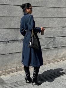 DAZY 女式秋季翻领收腰牛仔长款夹克 - 藍色 - 查看 2