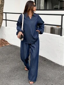 DAZY Women's V-Neck Lantern Sleeve Top And Loose Fit Jeans Set - Blue - View 5